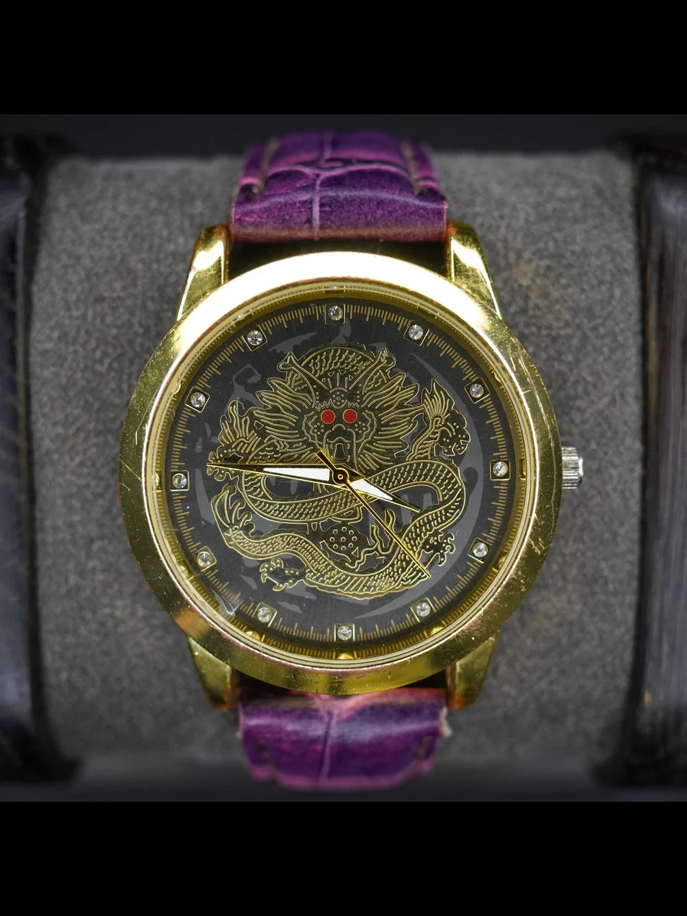 Oruss 1853 Dragon Men's Quartz Watch Gold Tone Black Dial Purple Leather Band